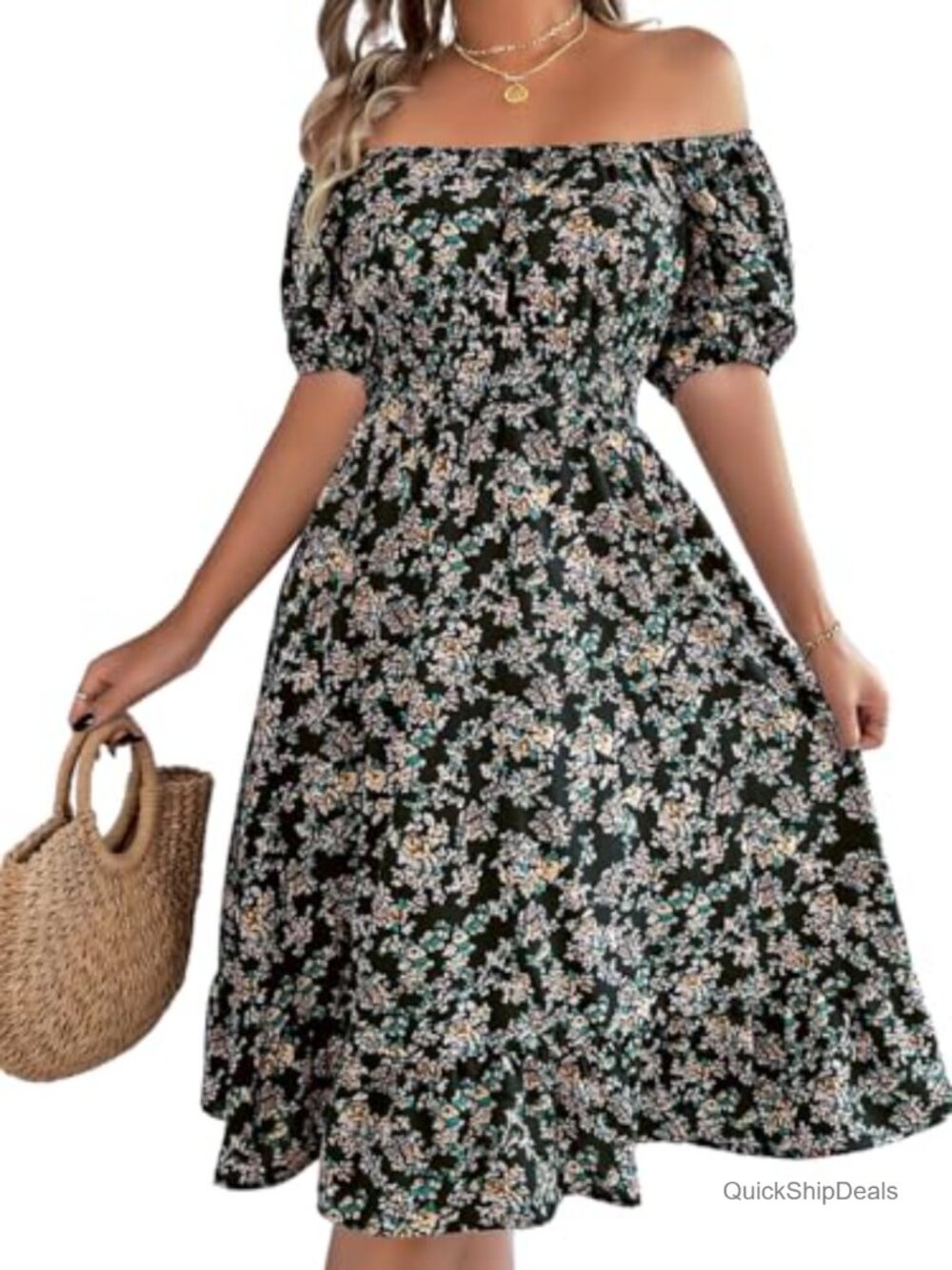 Off Shoulder Floral Smocked Puff Sleeve A Line Knee Length Dress